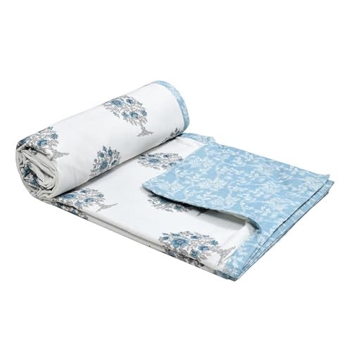 DE CAMA Cotton Double Bed Dohar | Hand Block Printed Summer AC Blanket (90 x 100 Inch)| Mulmul Fabric 150 GSM | Soft & Lightweight Comforter for All Seasons | Reversible Design - Big Block Tree - Image 3