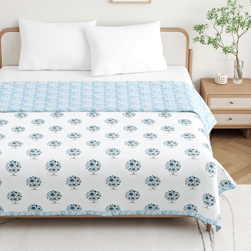 DE CAMA Cotton Double Bed Dohar | Hand Block Printed Summer AC Blanket (90 x 100 Inch)| Mulmul Fabric 150 GSM | Soft & Lightweight Comforter for All Seasons | Reversible Design - Big Block Tree - Image 1