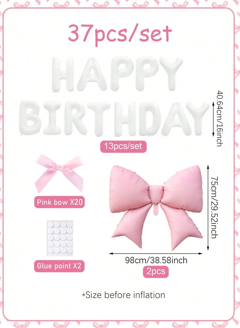 زينه حفلات عيد الميلاد – مجموعة بالونات مكونة من 37 قطعة بعبارة عيد ميلاد سعيد مع فيونكات وشرائط باللون الوردي - Image 2