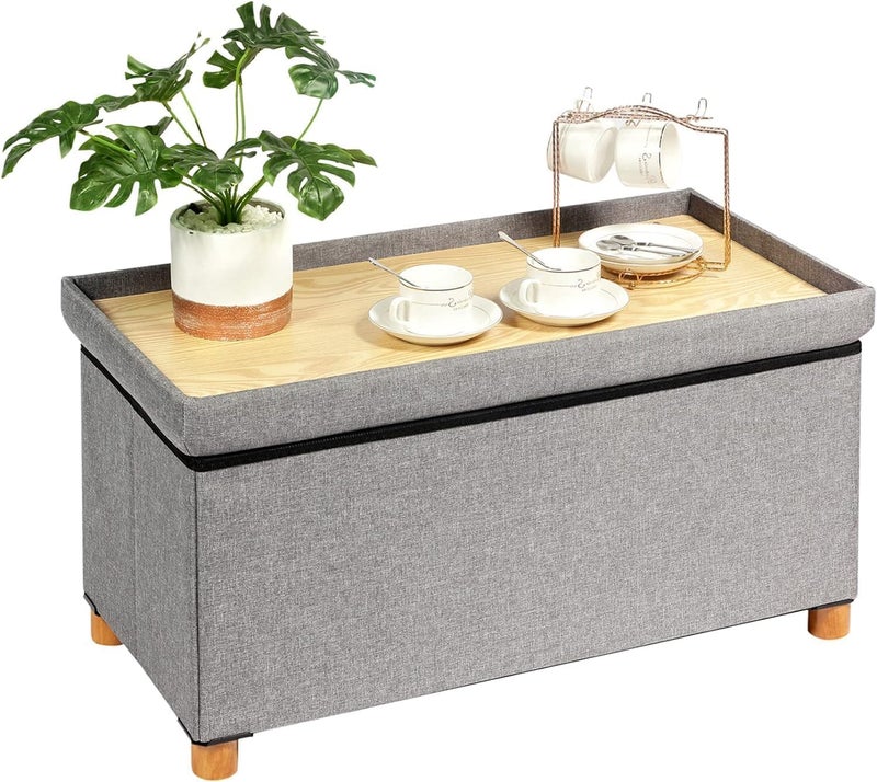 PINPLUS Ottoman with Storage Coffee Table Grey FootrestStool Linen Toy Chest with Tray Large Storage Bench Foot Rest Ottoman for Bedroom End of Bed Living Room Hallway 30x 15x 15