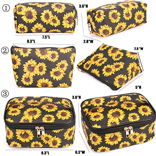 FITINI Sunflower Makeup Bag 3 Pack Travel Toiletry Bag Portable Cosmetic Pouch Organizer with Small Brush Holders Gold Zipper Waterproof Storage Case for Women and Girls - Image 3