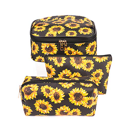FITINI Sunflower Makeup Bag 3 Pack Travel Toiletry Bag Portable Cosmetic Pouch Organizer with Small Brush Holders Gold Zipper Waterproof Storage Case for Women and Girls - Image 1