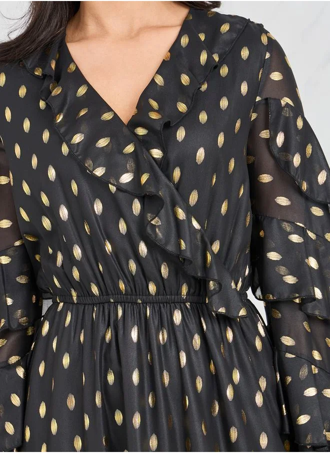 Styli Foil Print Ruffle Detail A-Line Maxi Dress