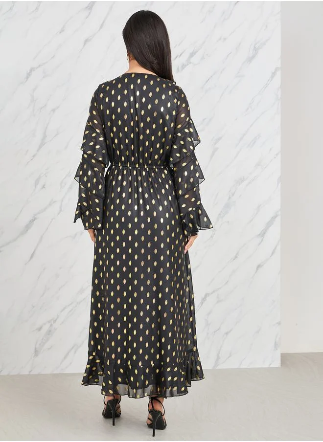 Styli Foil Print Ruffle Detail A-Line Maxi Dress
