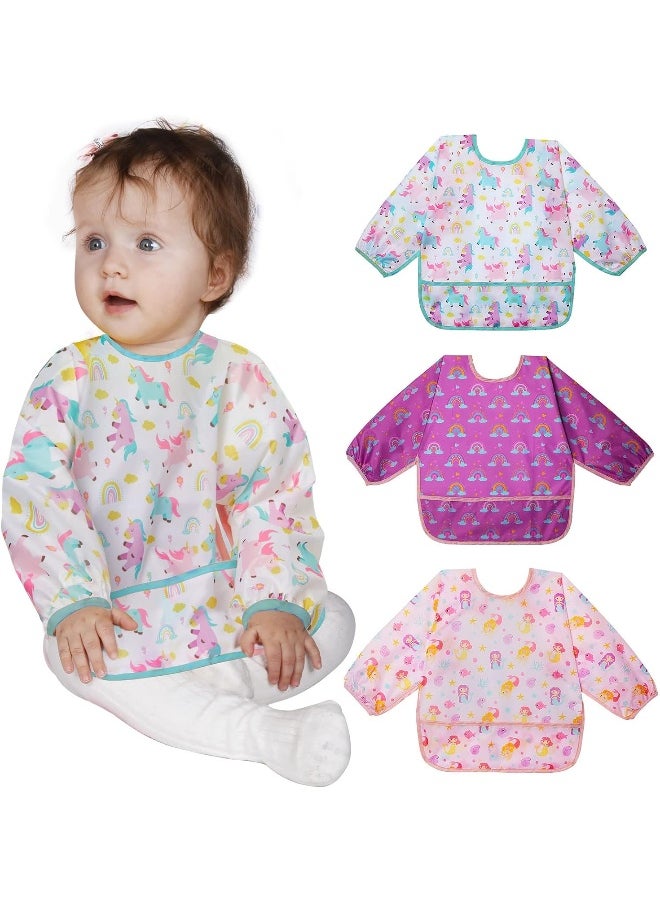 Lictin Lictin 3 Pack Baby Bibs for Boy or Girl, Cute Long Sleeve Bib, Waterproof Bibs for Toddlers, Adjustable Closure Baby Smock, Mess Proof Baby Bib, 6-24 Months Reusable Infant Baby Bibs  - Image 1