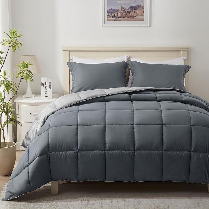 Bright Décor All-Season 150 GSM 1-Piece Double-Reversible Bed Comforter/Quilt/Blanket/Rajai - Down Alternative Quilted Duvet Insert with Corner Ties - Machine Washable - Dark Grey and Light Grey - Image 1