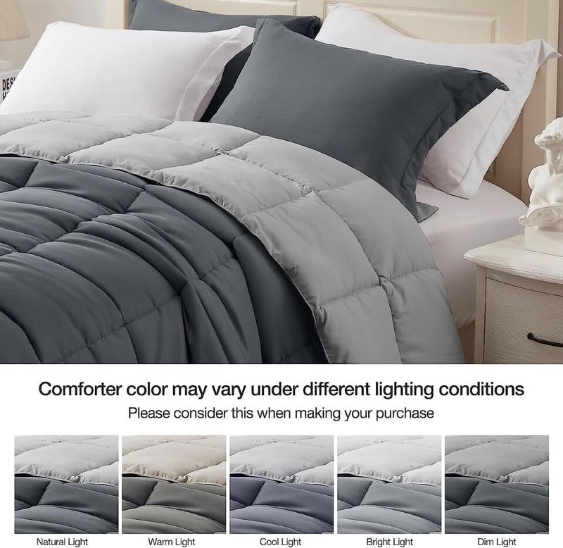 Bright Décor All-Season 150 GSM 1-Piece Double-Reversible Bed Comforter/Quilt/Blanket/Rajai - Down Alternative Quilted Duvet Insert with Corner Ties - Machine Washable - Dark Grey and Light Grey - Image 3
