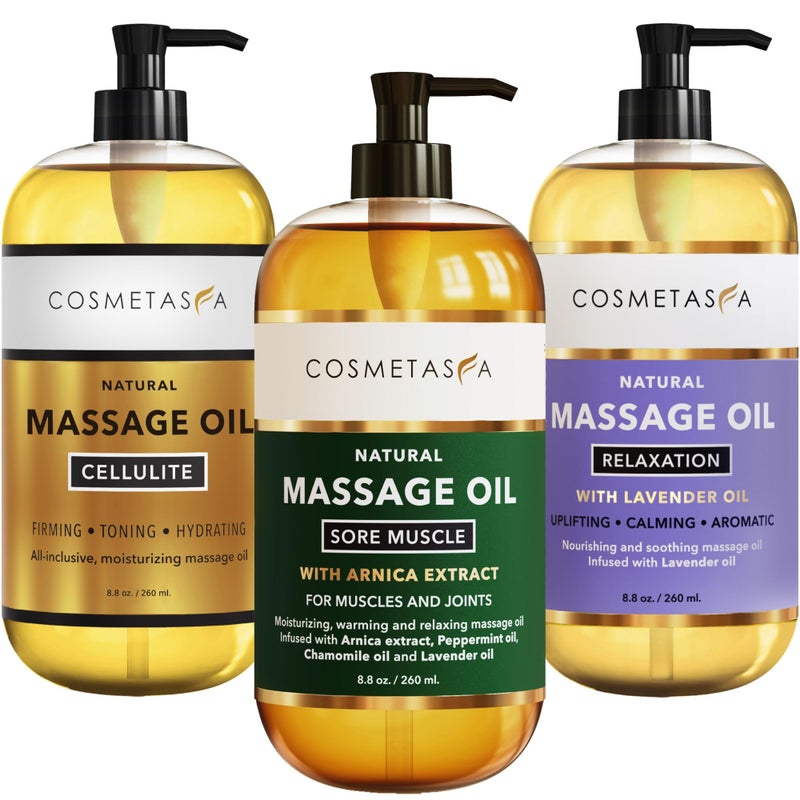 Cosmetasa Massage Oil Set - Arnica & Peppermint Sore Muscle Relief, Cellulite & Lavender Body Massage Oils - Gua Sha Therapy - Image 1