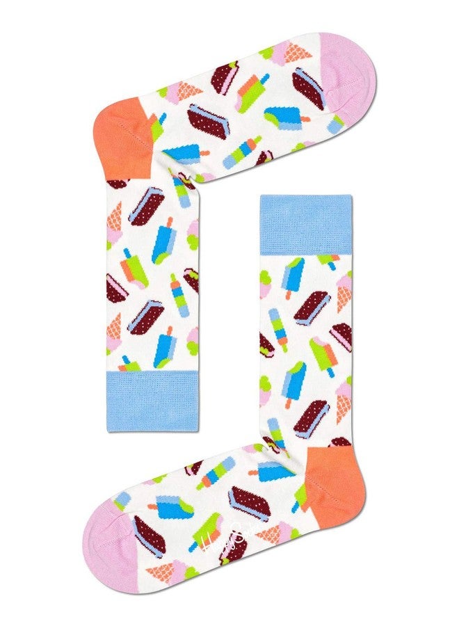 جوارب قطنية ممشطة مطبوعة بنقشة آيس كريم للجنسين من Happy Socks (أبيض متعدد الألوان، مقاس 10-13)
