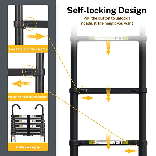 RIKADE Telescopic Ladder, 8.5 ft Aluminum Telescoping Ladder with Non-Slip Feet and Stable Hook, Portable Extension Ladder for Household and Outdoor Working, Max Load 330 lb, Black - Image 5