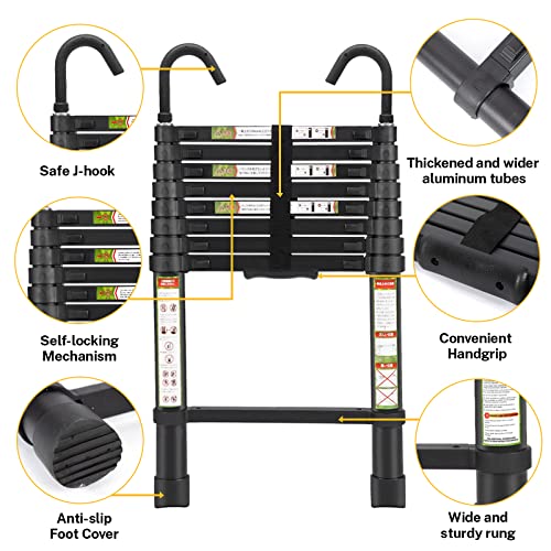 RIKADE Telescopic Ladder, 8.5 ft Aluminum Telescoping Ladder with Non-Slip Feet and Stable Hook, Portable Extension Ladder for Household and Outdoor Working, Max Load 330 lb, Black - Image 3