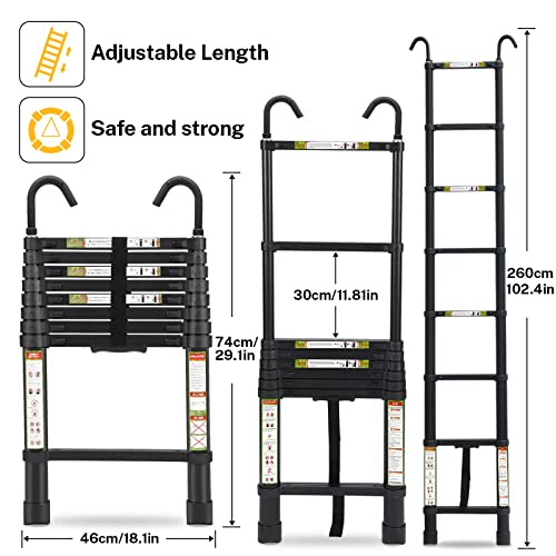 RIKADE Telescopic Ladder, 8.5 ft Aluminum Telescoping Ladder with Non-Slip Feet and Stable Hook, Portable Extension Ladder for Household and Outdoor Working, Max Load 330 lb, Black - Image 2