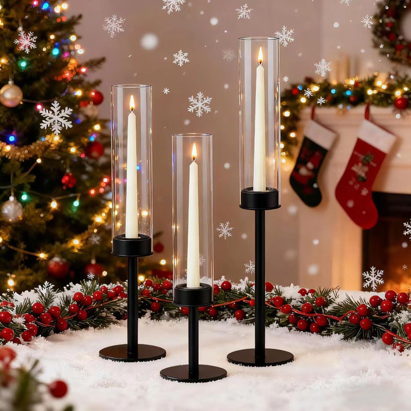 Black Taper Candle Holder Set with Glass Hurricane â€“ Modern Candlestick Holders for Dining Room, Premium Gift Set for Wedding, Fall Centerpieces for Tables, Warmly Gift for Home Decor, Christmas Decor - Image 1