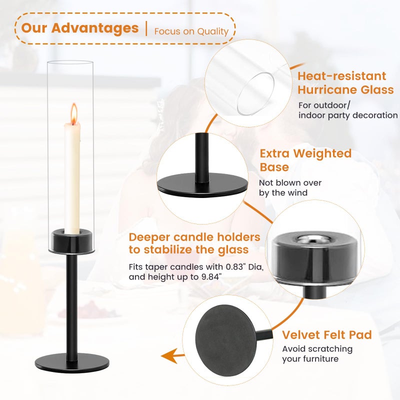 Black Taper Candle Holder Set with Glass Hurricane â€“ Modern Candlestick Holders for Dining Room, Premium Gift Set for Wedding, Fall Centerpieces for Tables, Warmly Gift for Home Decor, Christmas Decor - Image 3