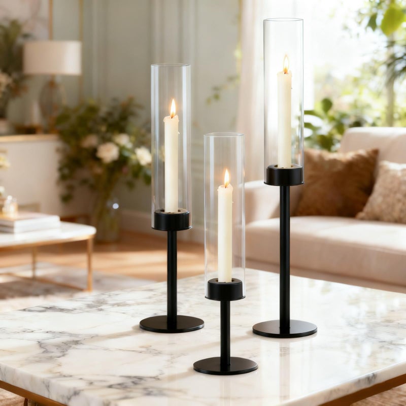 Black Taper Candle Holder Set with Glass Hurricane â€“ Modern Candlestick Holders for Dining Room, Premium Gift Set for Wedding, Fall Centerpieces for Tables, Warmly Gift for Home Decor, Christmas Decor - Image 5