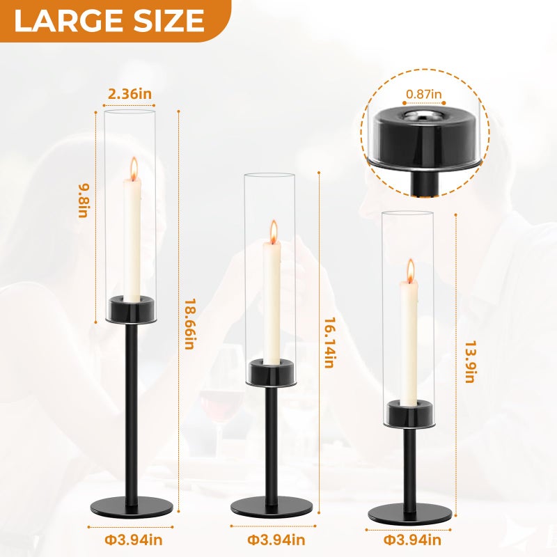 Black Taper Candle Holder Set with Glass Hurricane â€“ Modern Candlestick Holders for Dining Room, Premium Gift Set for Wedding, Fall Centerpieces for Tables, Warmly Gift for Home Decor, Christmas Decor - Image 2
