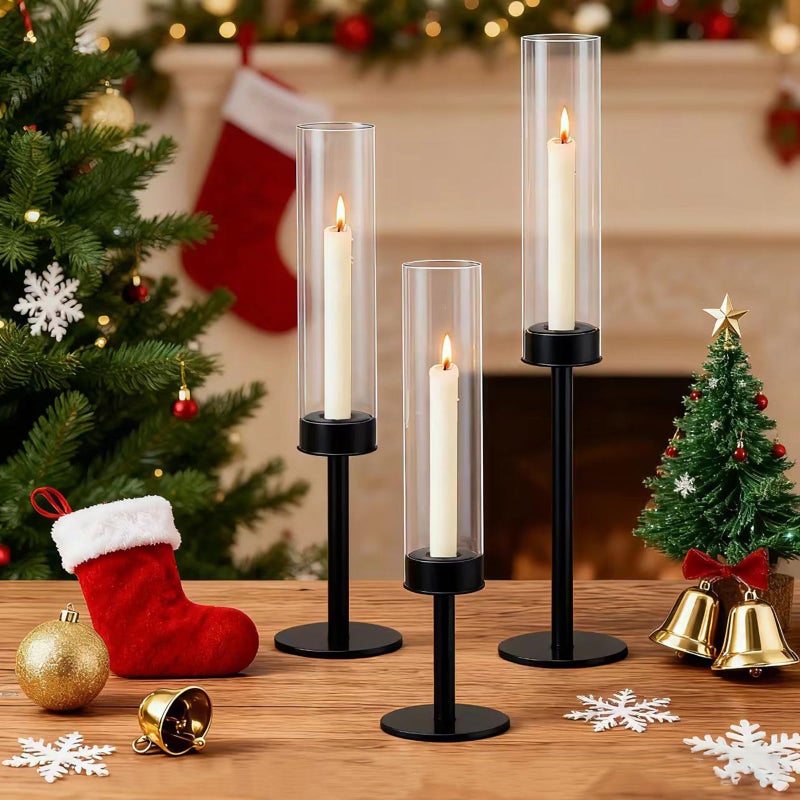 Black Taper Candle Holder Set with Glass Hurricane â€“ Modern Candlestick Holders for Dining Room, Premium Gift Set for Wedding, Fall Centerpieces for Tables, Warmly Gift for Home Decor, Christmas Decor - Image 4