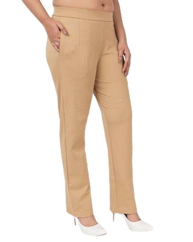 Mlada Store Mlada Straight Fit Cigarette Pencil Pants Elastic Waist Band Mid High Waist Formal Office Trousers for Women, Pockets for Travel Stretch Cotton Knit Full Length Regular/Plus Size - Beige, 2XL - Image 1