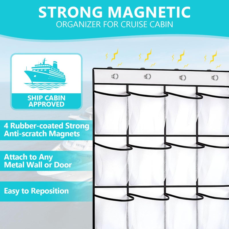 Esoes Cruise Ship Magnetic Door Organizer, 24 Pockets Magnetic Behind the Door Shoe Rack-4 Strong Anti-Scratch Magnets, Over the Door Organizer Cruise Essentials Storage for Cruise Cabin Travel - Image 3