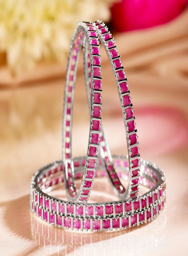 Rubans Set of 4 Rhodium-Plated Ruby Pink Cubic Zirconia Studded Handcrafted Premium Bangles for Women & Girls | Elegant Wedding & Festive Jewelry - Image 3