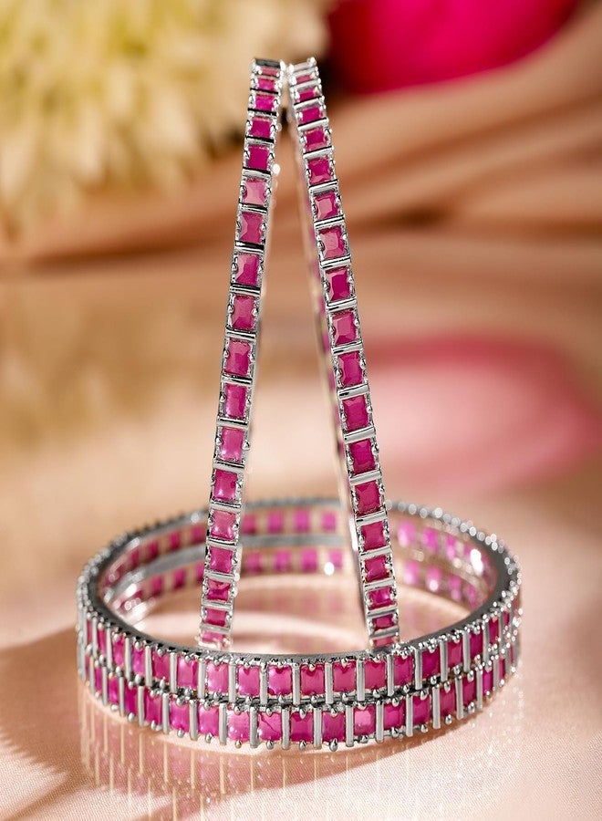 Rubans Set of 4 Rhodium-Plated Ruby Pink Cubic Zirconia Studded Handcrafted Premium Bangles for Women & Girls | Elegant Wedding & Festive Jewelry - Image 4