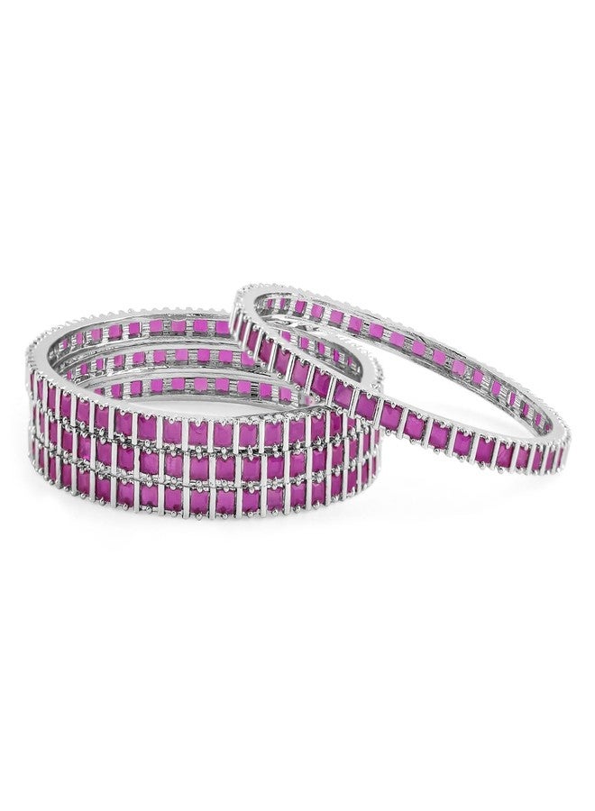 Rubans Set of 4 Rhodium-Plated Ruby Pink Cubic Zirconia Studded Handcrafted Premium Bangles for Women & Girls | Elegant Wedding & Festive Jewelry - Image 1