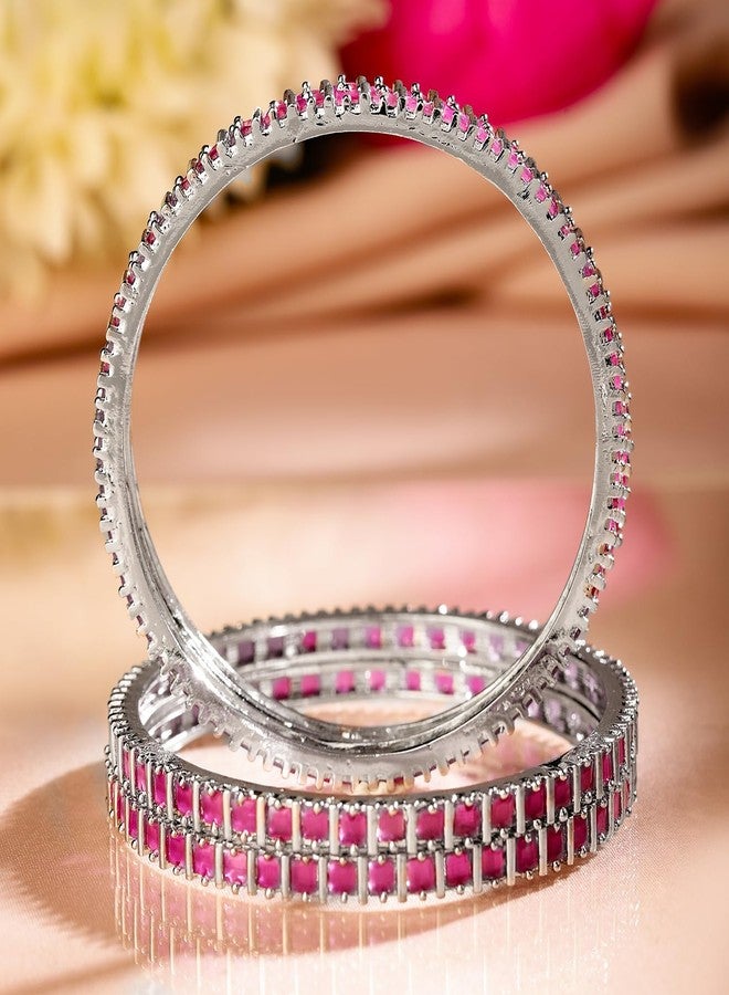 Rubans Set of 4 Rhodium-Plated Ruby Pink Cubic Zirconia Studded Handcrafted Premium Bangles for Women & Girls | Elegant Wedding & Festive Jewelry - Image 5