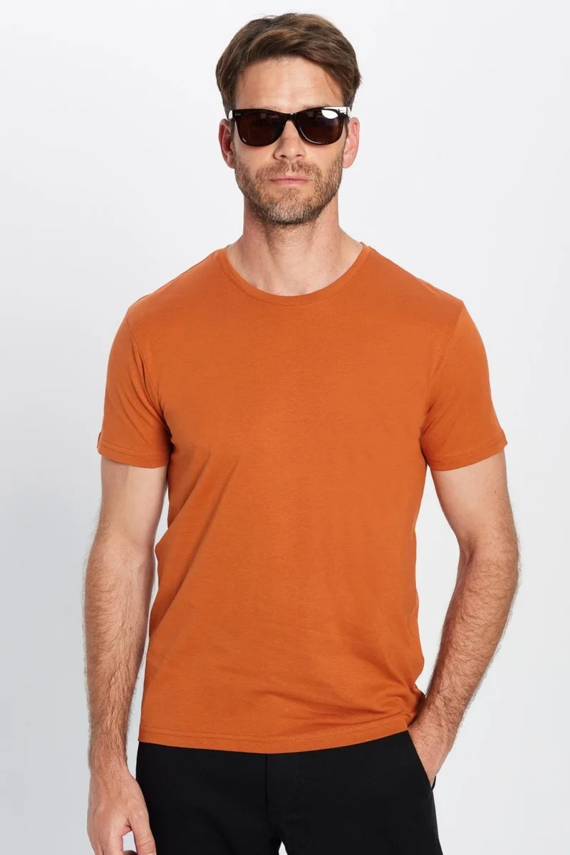 تودورس Men's Slim Fit Slim Cut 100% Cotton Soft Texture Cinnamon Color Crew Neck T-Shirt