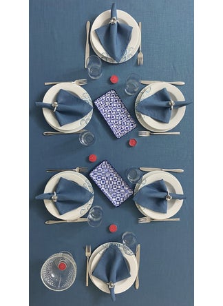 Zeren Home Silvery Linen Look Bougainvillea Table Cloth Indigo Blue 13 Piece Set  - Image 2
