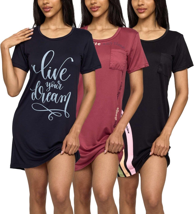 Real Essentials 3 Pack Womens Short Sleeve Nightgown Dress Nightshirt Pajama Sleep Shirt Sleepwear Plus SET1 2X