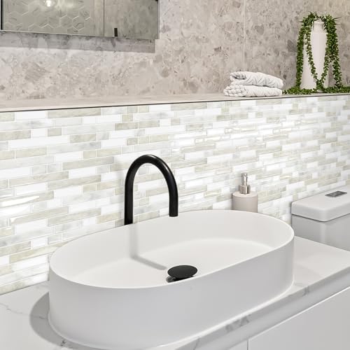 Tiwoos Thick Kitchen Backsplash 3D Peel and Stick Tile 12"x12" Self Adhesive Sticky Marble Tiles Bathroom Wall (10-Sheet，Beige White) - Image 3