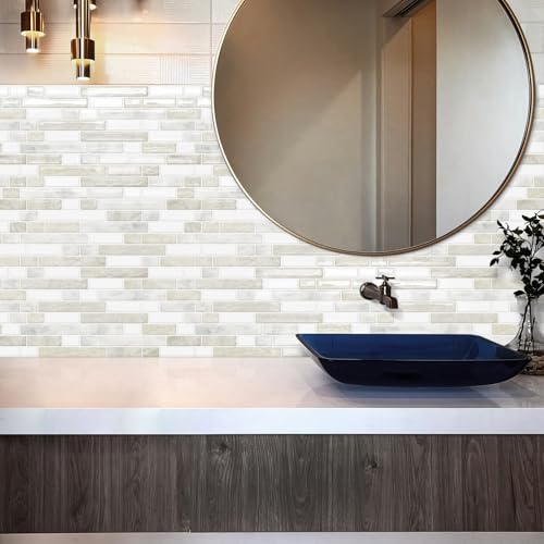 Tiwoos Thick Kitchen Backsplash 3D Peel and Stick Tile 12"x12" Self Adhesive Sticky Marble Tiles Bathroom Wall (10-Sheet，Beige White) - Image 5