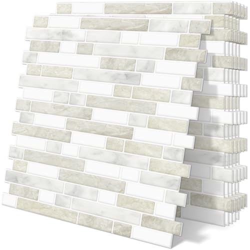 Tiwoos Thick Kitchen Backsplash 3D Peel and Stick Tile 12"x12" Self Adhesive Sticky Marble Tiles Bathroom Wall (10-Sheet，Beige White) - Image 1