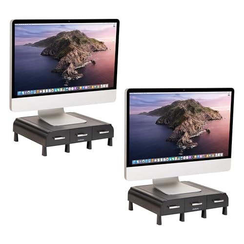 Mind Reader Monitor Stand 3 Storage Drawers Desktop Organizer Riser Office 135L x 13W x 4H Set of 2 Black - Image 1