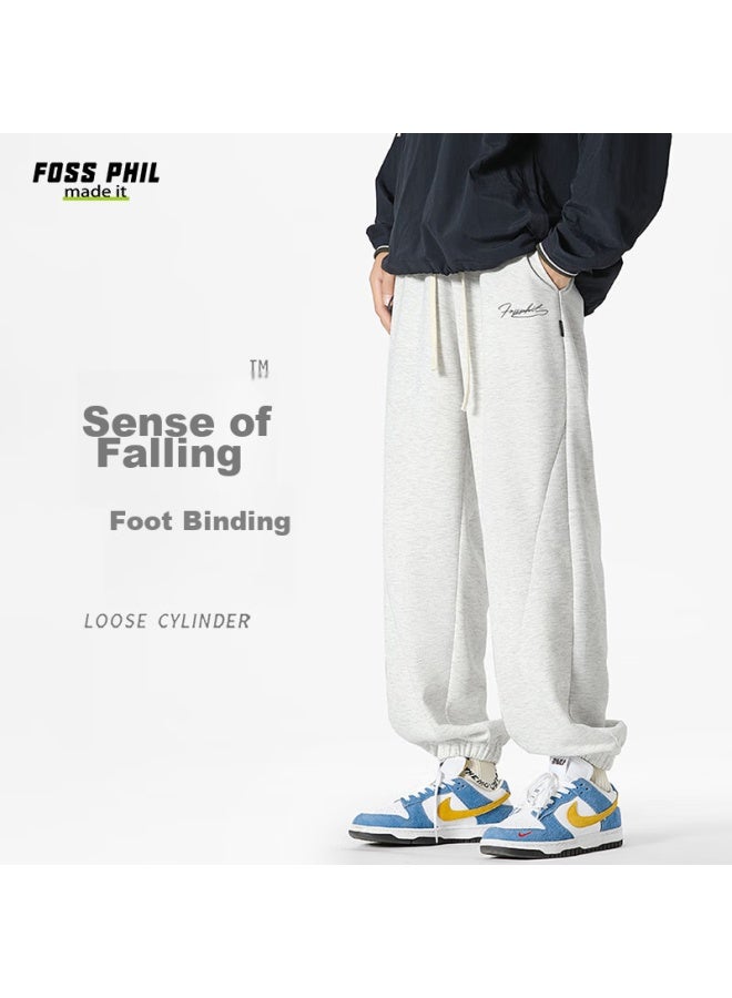 Foss Phil بنطلون كاجوال برباط للرجال، ربيع وصيف واسع ومريح عصير ومتعدد الاستخدامات على الطريقة الهونغ كونغية بنطلون رياضي Fpk44 أبيض ورمادي 2XL - Image 1