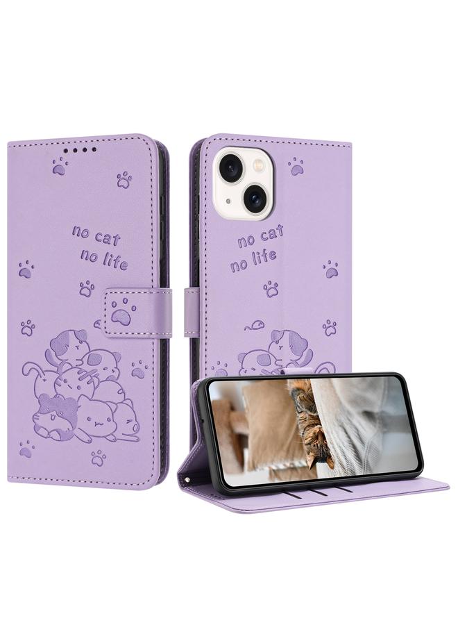 Zaboon Case For iPhone 13 mini Embossed Kitten Phone Leather Case with Lanyard - Image 1