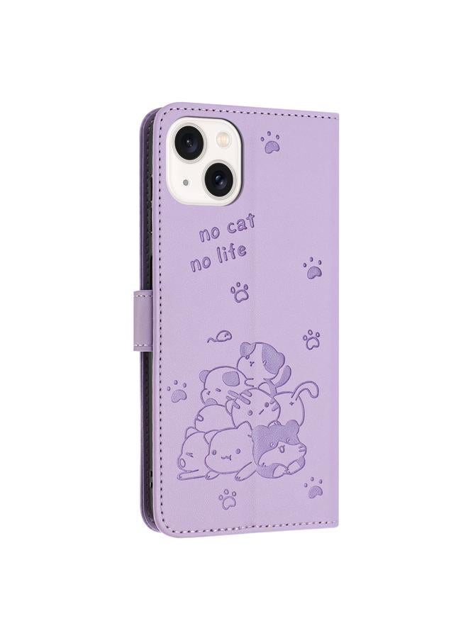 Zaboon Case For iPhone 13 mini Embossed Kitten Phone Leather Case with Lanyard - Image 3