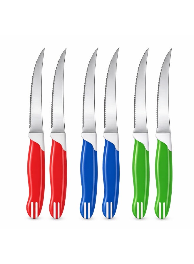 طلال طقم سكاكين شرائح اللحم المسننة مكون من 6 قطع - سكاكين مطبخ حادة من الفولاذ المقاوم للصدأ مقاس 4 بوصات بمقابض مريحة متعددة الألوان، سكاكين متعددة الأغراض لتقطيع الفواكه والخضروات والطماطم والخبز للمطبخ وغرفة الطعام - Image 1