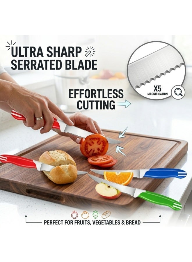 طلال طقم سكاكين شرائح اللحم المسننة مكون من 6 قطع - سكاكين مطبخ حادة من الفولاذ المقاوم للصدأ مقاس 4 بوصات بمقابض مريحة متعددة الألوان، سكاكين متعددة الأغراض لتقطيع الفواكه والخضروات والطماطم والخبز للمطبخ وغرفة الطعام - Image 4