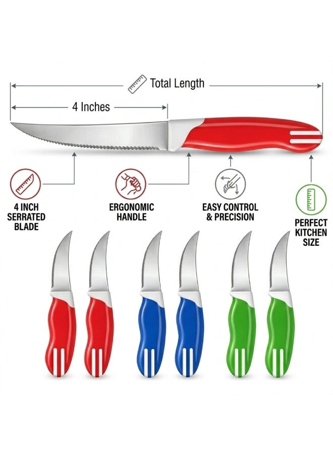 طلال طقم سكاكين شرائح اللحم المسننة مكون من 6 قطع - سكاكين مطبخ حادة من الفولاذ المقاوم للصدأ مقاس 4 بوصات بمقابض مريحة متعددة الألوان، سكاكين متعددة الأغراض لتقطيع الفواكه والخضروات والطماطم والخبز للمطبخ وغرفة الطعام - Image 5