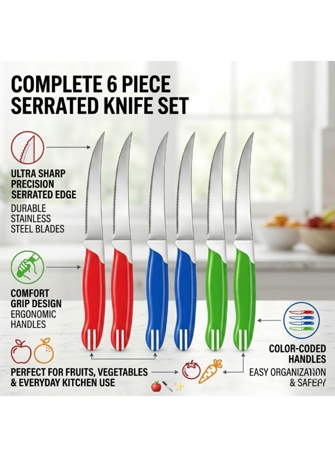 طلال طقم سكاكين شرائح اللحم المسننة مكون من 6 قطع - سكاكين مطبخ حادة من الفولاذ المقاوم للصدأ مقاس 4 بوصات بمقابض مريحة متعددة الألوان، سكاكين متعددة الأغراض لتقطيع الفواكه والخضروات والطماطم والخبز للمطبخ وغرفة الطعام - Image 3