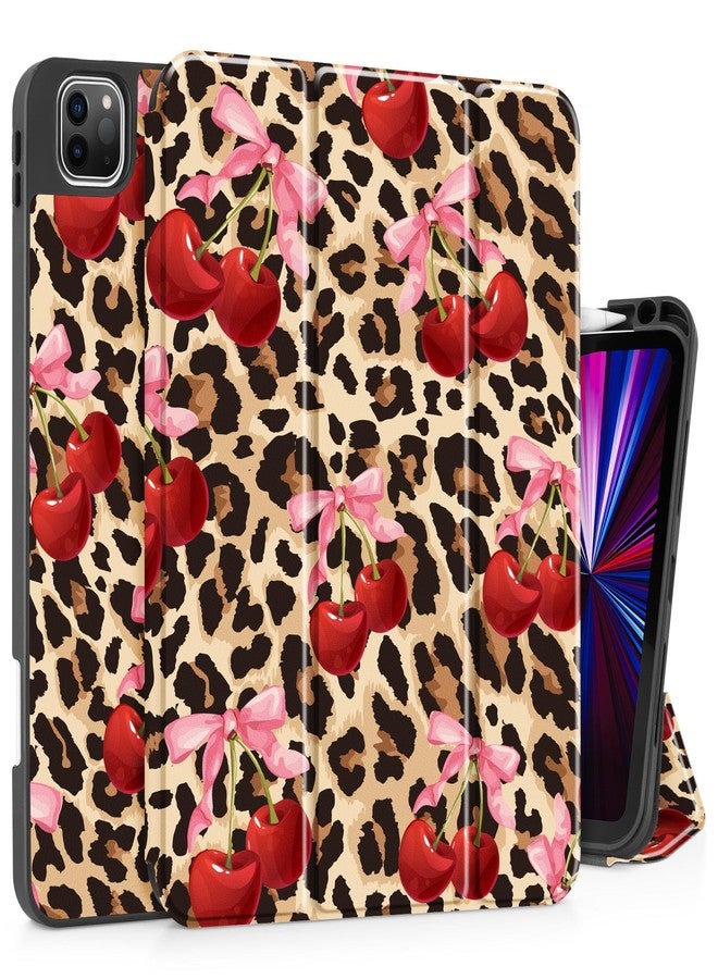 May Chen Case for iPad Pro 11 inch (4th, 3rd, 2nd & 1st Gen) 2022 2021 2020 2018, Trifold Stand + Pencil Holder + Auto Wake/Sleep + Soft TPU Protective Stand Back Cover, Cherry & Cheetah - Image 1