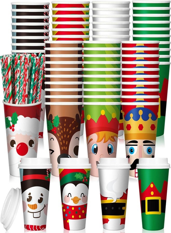 Uiifan 80 Pack Christmas Coffee Disposable 16 OZ Paper Cups with Lids and Straws Christmas Hot Chocolate Cups for Xmas Party Hot and Cold Drinks Tea Water Serving - Image 1