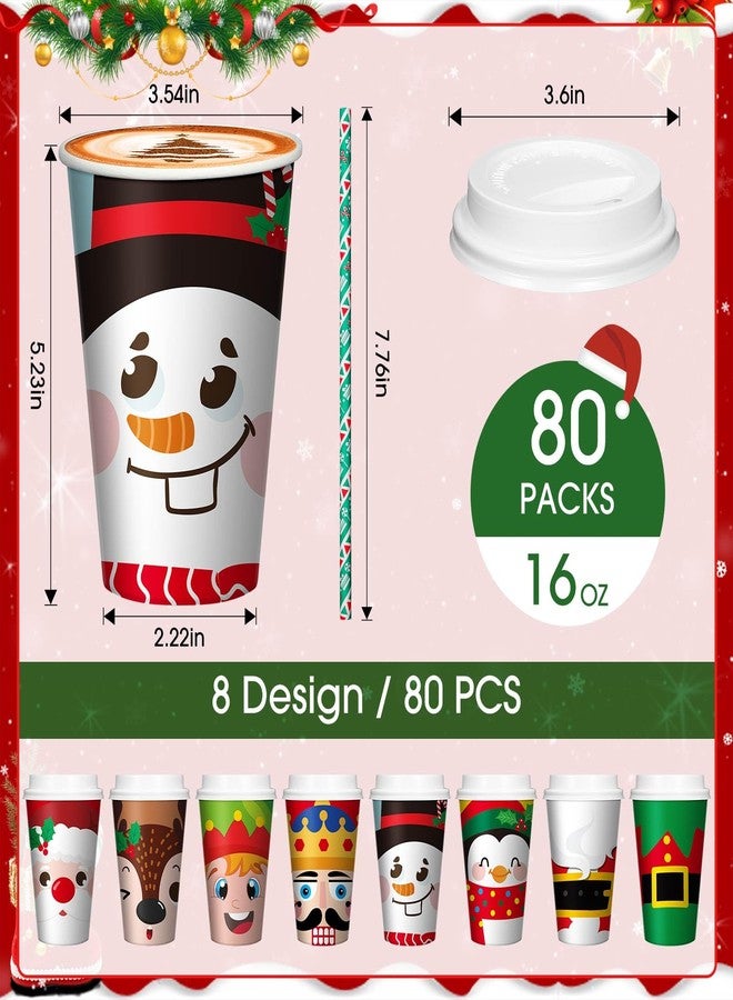 Uiifan 80 Pack Christmas Coffee Disposable 16 OZ Paper Cups with Lids and Straws Christmas Hot Chocolate Cups for Xmas Party Hot and Cold Drinks Tea Water Serving - Image 2