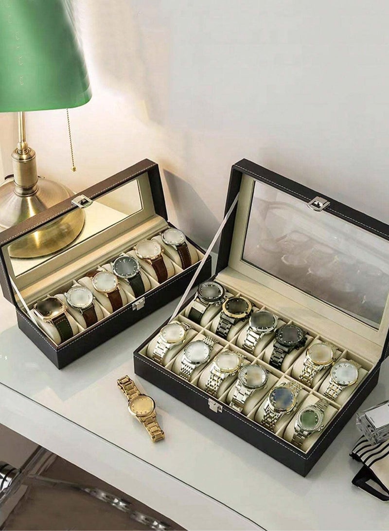 صندوق فاخر لتنظيم الساعات بـ12 فتحة – تصميم أنيق من الجلد الصناعي مع غطاء زجاجي، بطانة مخملية داخلية، وإغلاق آمن قابل للفتح، مثالي لحفظ مجموعات الساعات والمجوهرات - Image 3