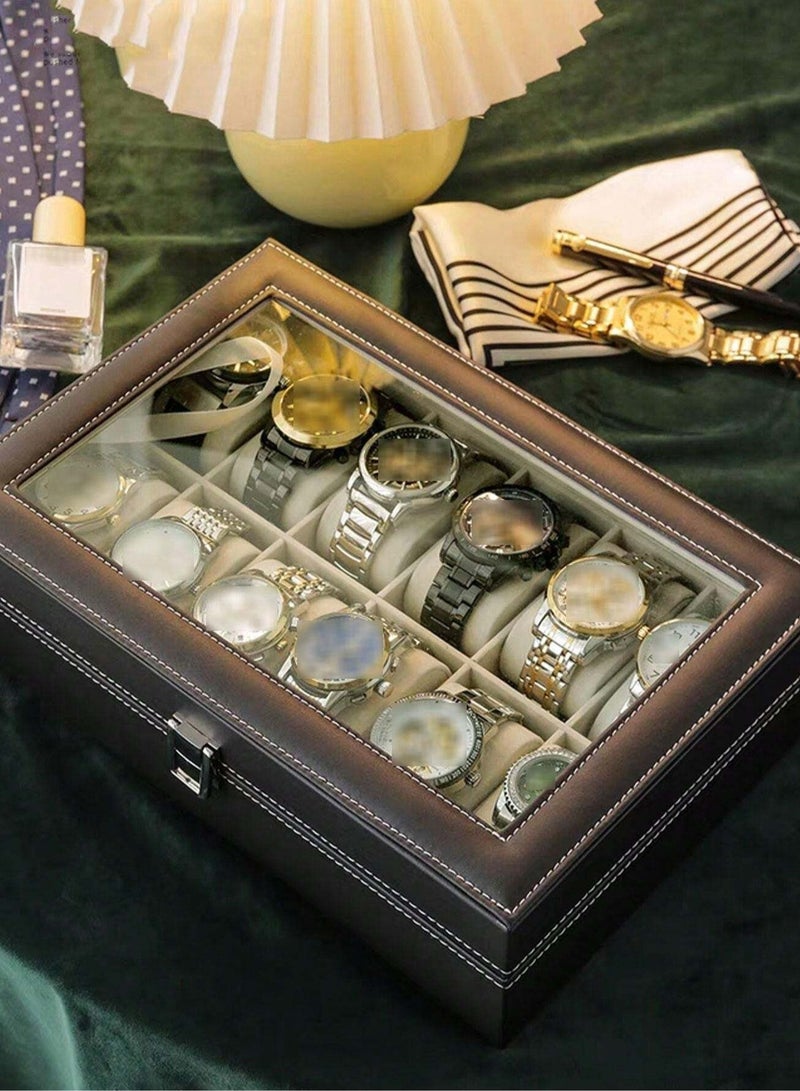 صندوق فاخر لتنظيم الساعات بـ12 فتحة – تصميم أنيق من الجلد الصناعي مع غطاء زجاجي، بطانة مخملية داخلية، وإغلاق آمن قابل للفتح، مثالي لحفظ مجموعات الساعات والمجوهرات - Image 1