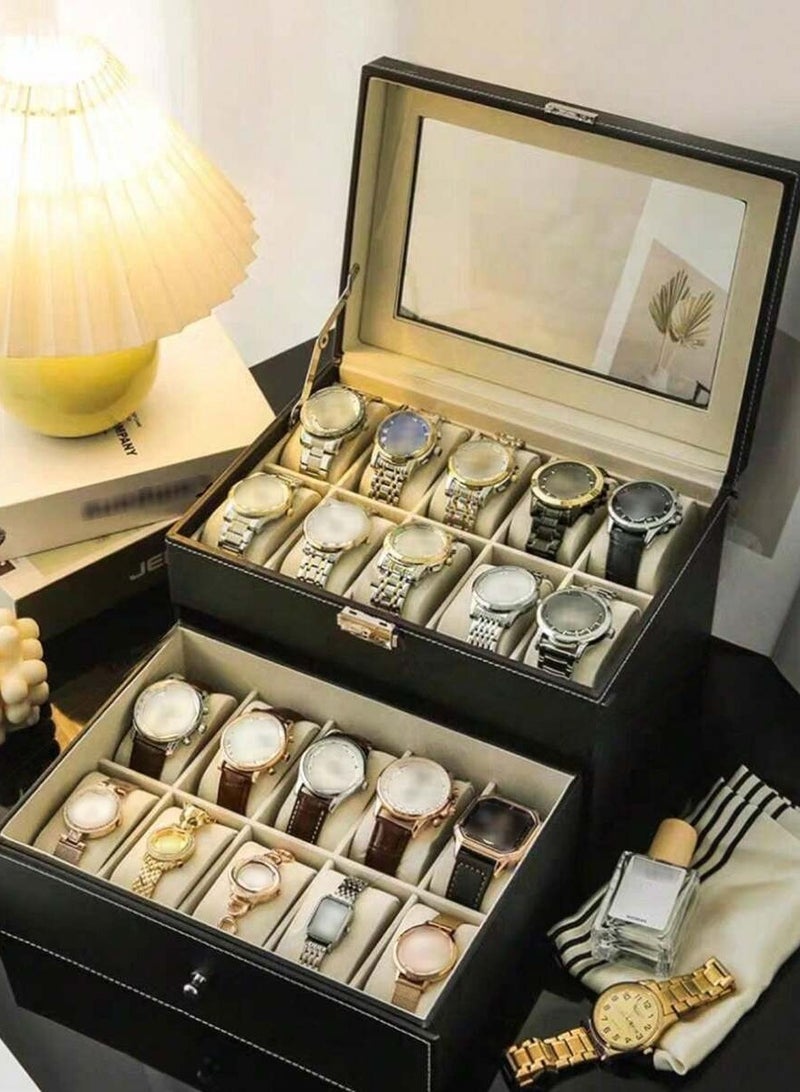 صندوق فاخر لتنظيم الساعات بـ12 فتحة – تصميم أنيق من الجلد الصناعي مع غطاء زجاجي، بطانة مخملية داخلية، وإغلاق آمن قابل للفتح، مثالي لحفظ مجموعات الساعات والمجوهرات - Image 5