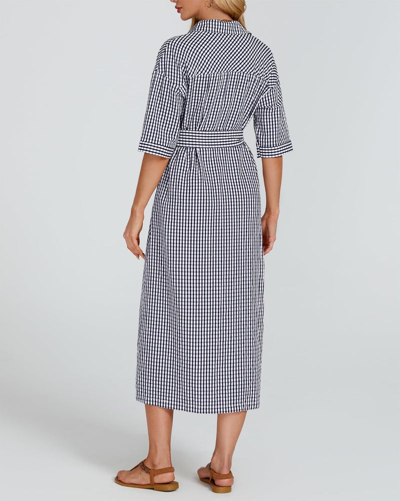 YEXPINE Women's Half Sleeve Plaid Midi Dress Collar V Neck Belted Casual Button Down Long Loose Dress Navy - Image 5
