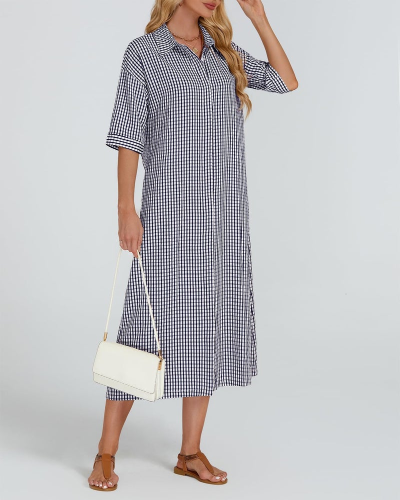 YEXPINE Women's Half Sleeve Plaid Midi Dress Collar V Neck Belted Casual Button Down Long Loose Dress Navy - Image 3