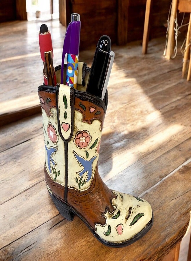 Top Brass Western Cowgirl/Cowboy Boot Pen Holder - 4 5/8” Western Vintage-Style Boot with Floral & Bird Accents - Desk Organizer, Small Vase, or Rustic Standalone Southwestern Home Decor Accent - Image 2